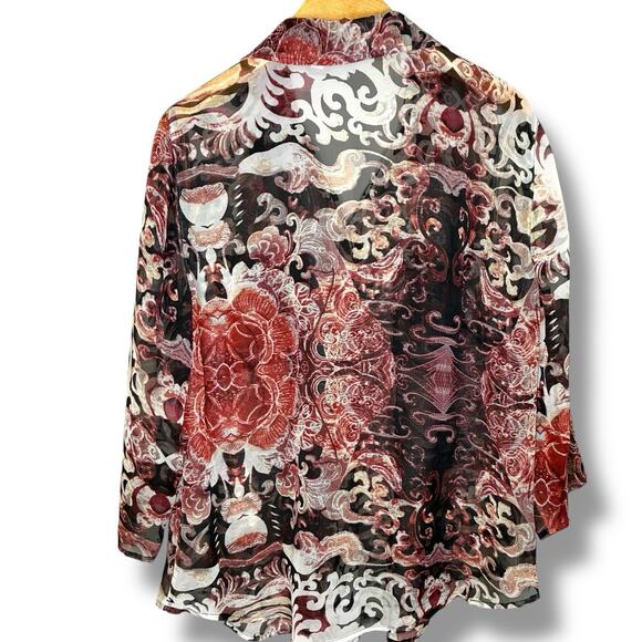 Chico's Top Size 2 (Large) Button Up Chiffon Semi-Sheer Artsy Aztec Paisley - Picture 3 of 6